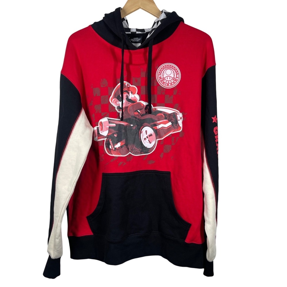 Super Nintendo World Mario Kart Grand Prix Hoodie Red Black Mens Medium